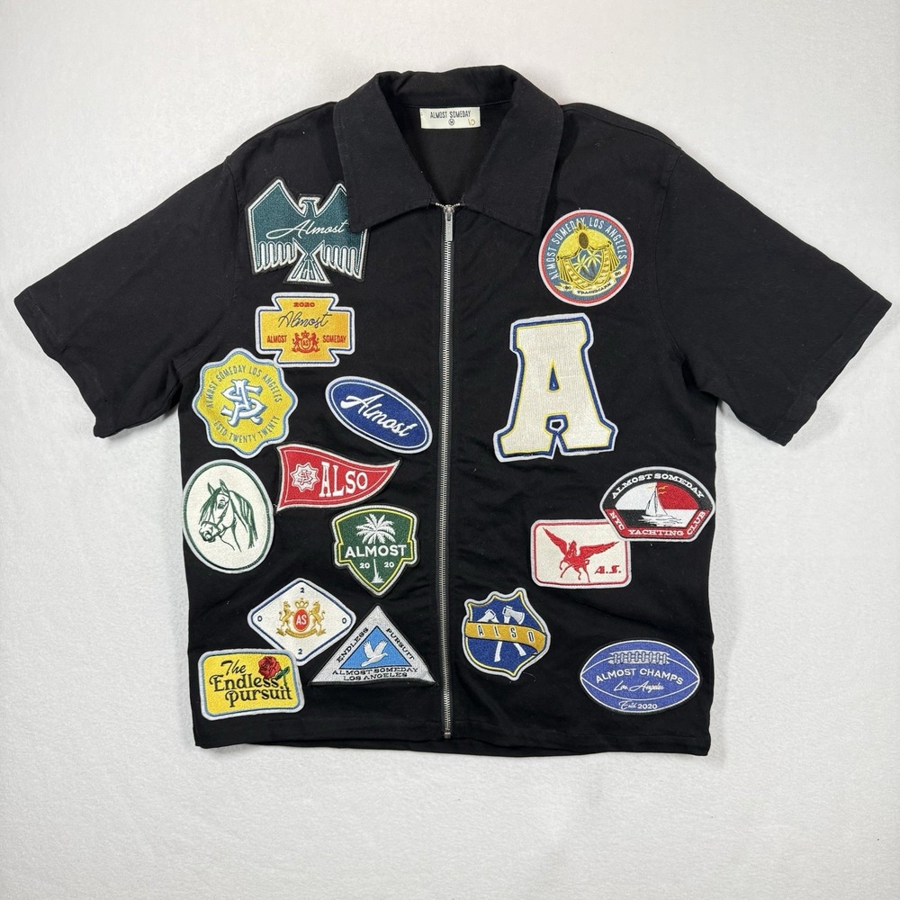 Almost‎ Someday Patchwork Shop Shirt Mens M Black Denim Canvas Zip Streetwear